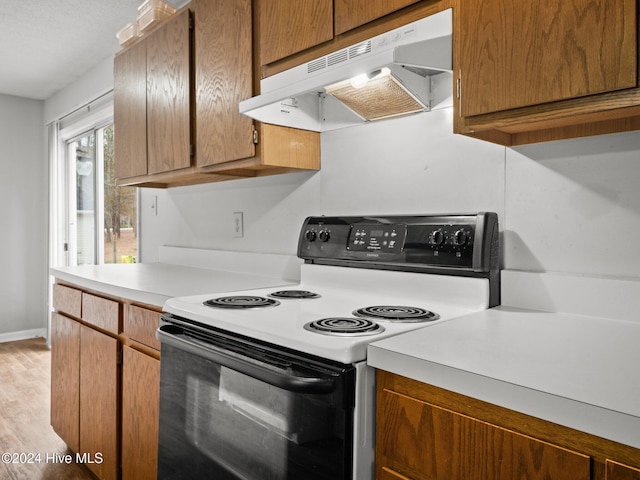 kitchen with white range with electric stovetop and light hardwood / wood-style floors