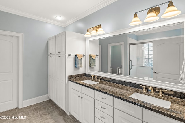 bathroom with crown molding, a shower with door, and vanity