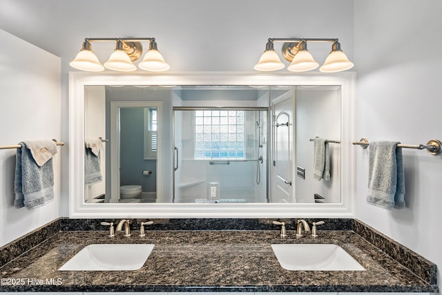 bathroom with an enclosed shower, vanity, and toilet