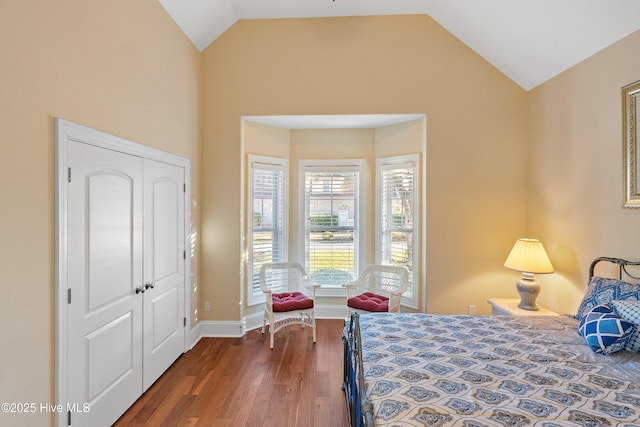 bedroom featuring dark hardwood / wood-style flooring, lofted ceiling, and a closet