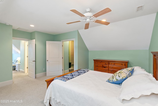 carpeted bedroom featuring ceiling fan and lofted ceiling