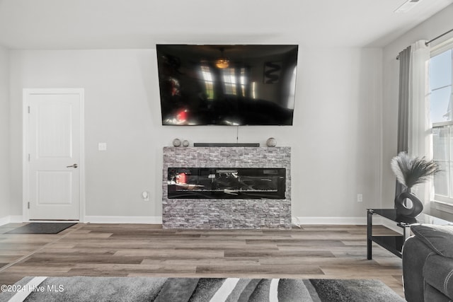 living room with a fireplace and hardwood / wood-style flooring