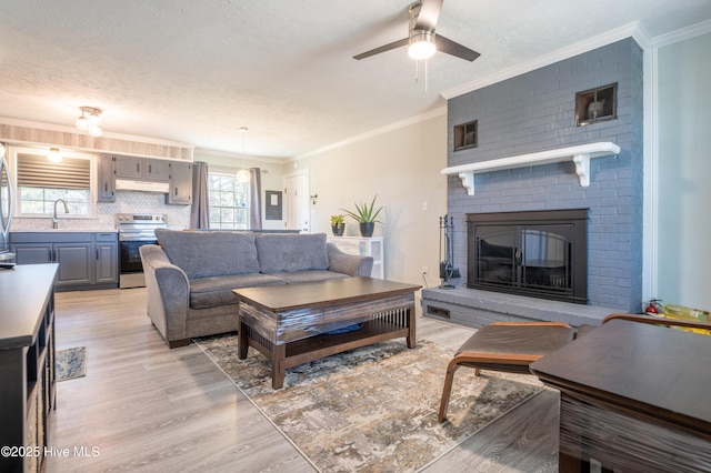 living room with a fireplace, sink, crown molding, a textured ceiling, and light hardwood / wood-style flooring