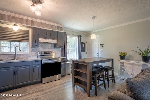 kitchen with light wood-type flooring, sink, a textured ceiling, and electric range