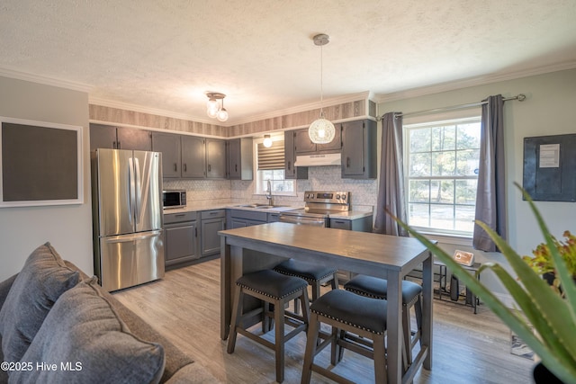 kitchen with sink, gray cabinetry, ornamental molding, stainless steel appliances, and light wood-type flooring