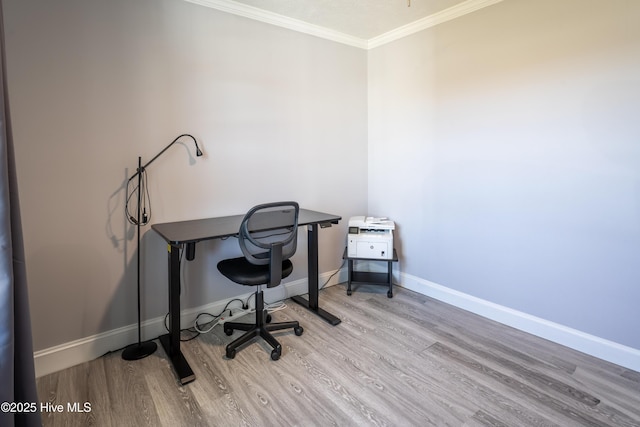 office with crown molding and light hardwood / wood-style floors