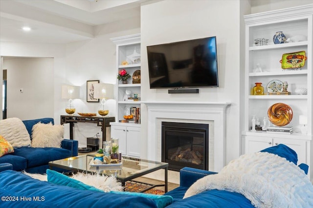 living room with built in shelves