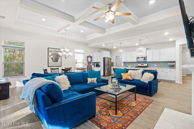 living room featuring crown molding, coffered ceiling, ceiling fan with notable chandelier, and beam ceiling