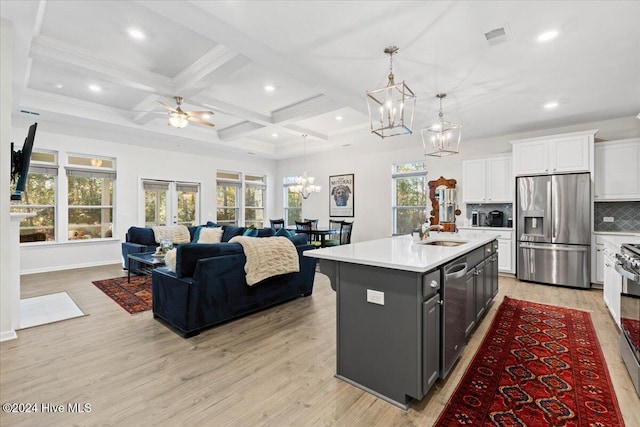 kitchen with sink, white cabinetry, decorative light fixtures, an island with sink, and stainless steel appliances