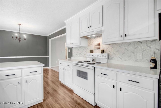 kitchen featuring light wood-type flooring, crown molding, white electric range, white cabinetry, and hanging light fixtures