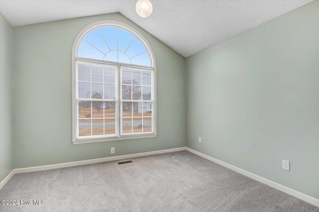 empty room featuring carpet, a textured ceiling, and vaulted ceiling