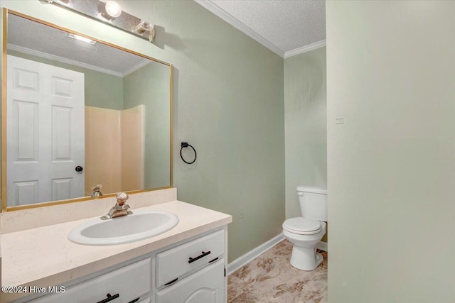 bathroom featuring a shower, crown molding, a textured ceiling, toilet, and vanity