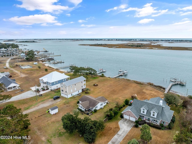 drone / aerial view featuring a water view