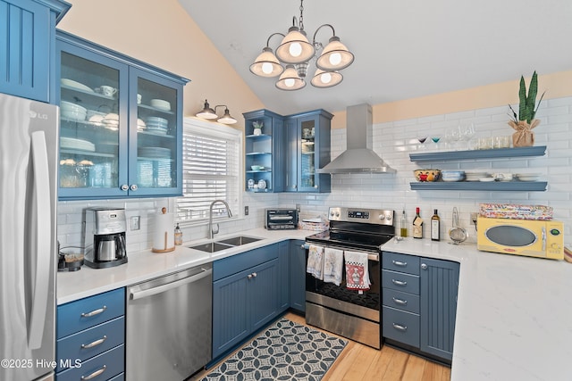 kitchen with appliances with stainless steel finishes, tasteful backsplash, wall chimney exhaust hood, sink, and hanging light fixtures