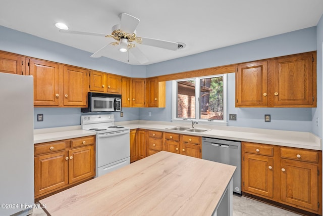 kitchen with ceiling fan, sink, and white appliances