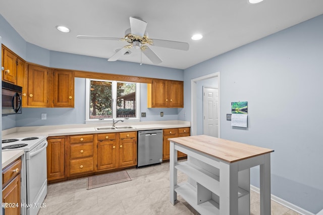 kitchen featuring white range with electric stovetop, ceiling fan, dishwasher, and sink