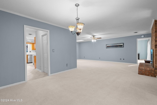 empty room with ceiling fan with notable chandelier, crown molding, and light carpet