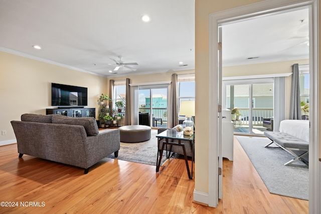 living room featuring crown molding, ceiling fan, and light hardwood / wood-style flooring