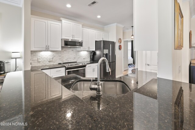 kitchen featuring range hood, white cabinetry, ornamental molding, black fridge with ice dispenser, and stainless steel electric range