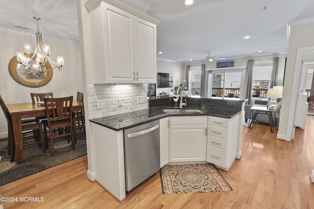 kitchen featuring sink, crown molding, white cabinets, stainless steel dishwasher, and kitchen peninsula