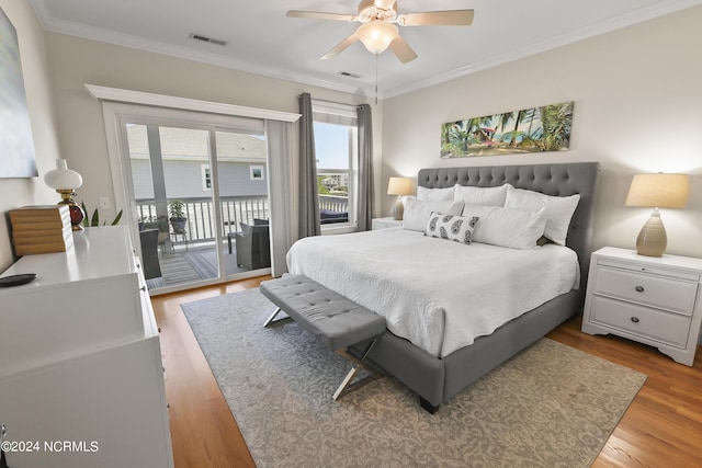 bedroom with crown molding, access to outside, ceiling fan, and light hardwood / wood-style floors