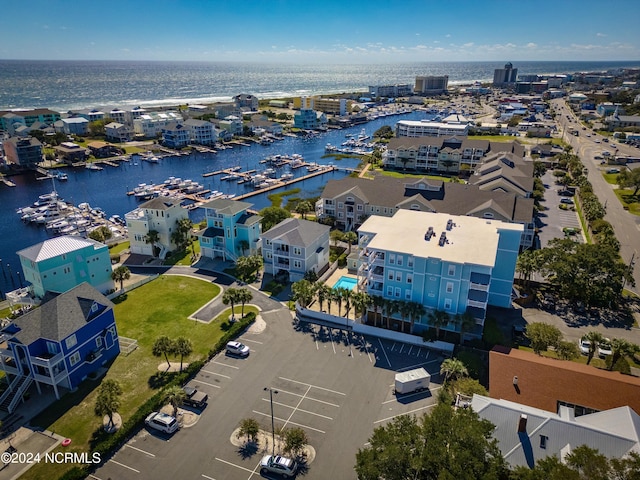 bird's eye view with a water view