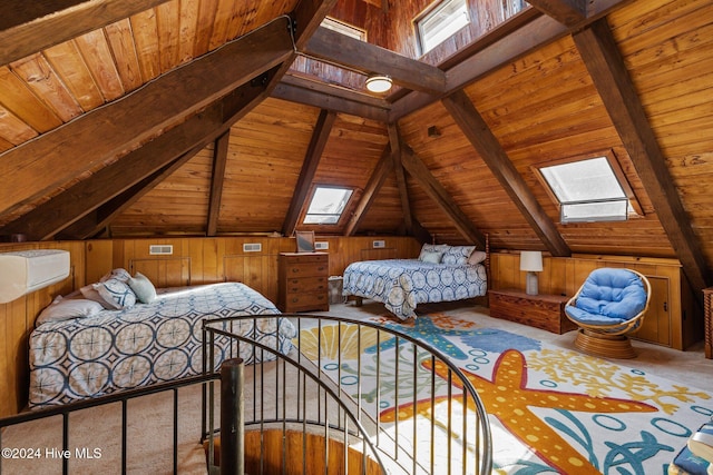 bedroom featuring wooden ceiling, wooden walls, and vaulted ceiling with skylight