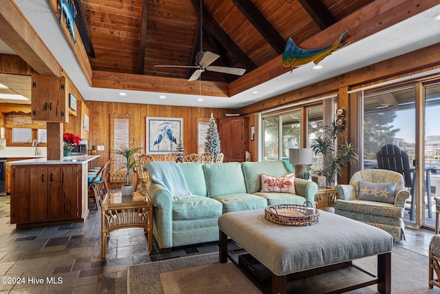 living room featuring beverage cooler, ceiling fan, wooden walls, beam ceiling, and wooden ceiling