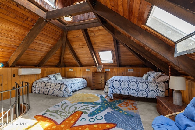 bedroom with wood walls, lofted ceiling with skylight, wood ceiling, and a wall mounted AC