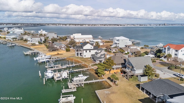 drone / aerial view with a water view