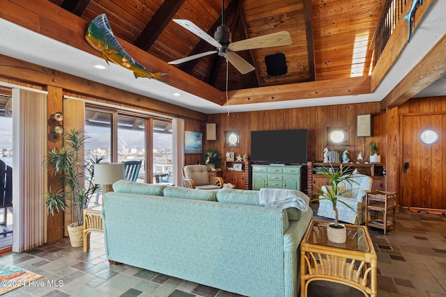 living room with wooden walls, ceiling fan, and wood ceiling