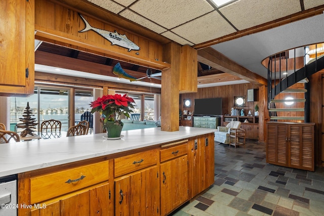 kitchen featuring stainless steel dishwasher, a drop ceiling, wood walls, and a wealth of natural light