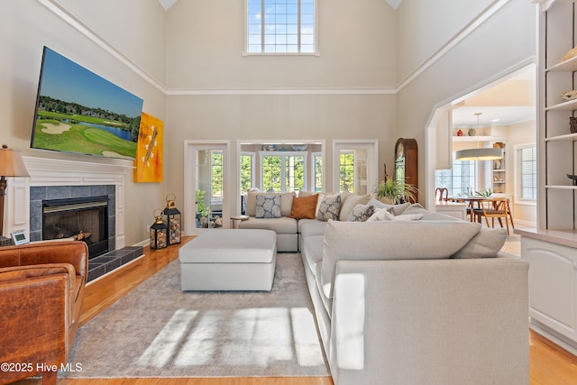 living room with light wood-type flooring, a towering ceiling, and a fireplace