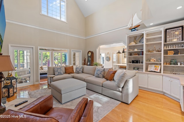 living room featuring a high ceiling and light hardwood / wood-style floors