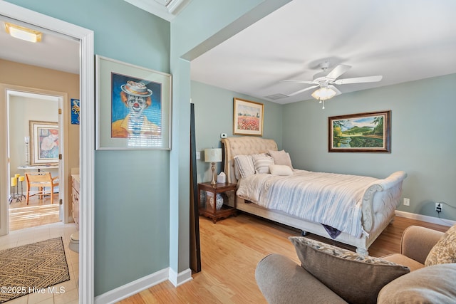 bedroom featuring ceiling fan and light wood-type flooring