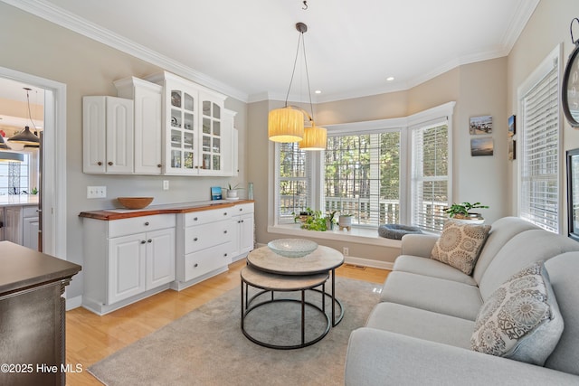 living room featuring crown molding and light wood-type flooring