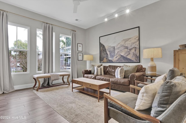 living room with ceiling fan, rail lighting, and light hardwood / wood-style flooring