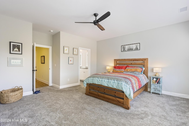 bedroom featuring ceiling fan, carpet floors, and connected bathroom