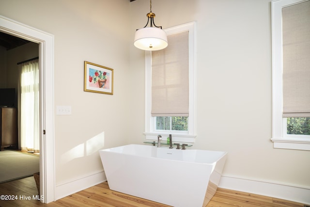 bathroom with hardwood / wood-style floors, a tub to relax in, and a wealth of natural light