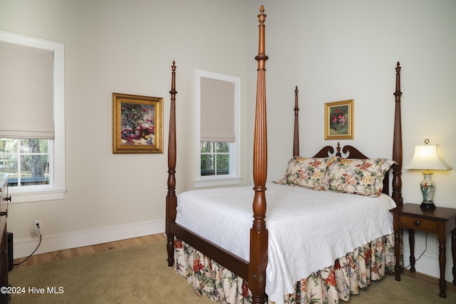 bedroom featuring wood-type flooring and multiple windows