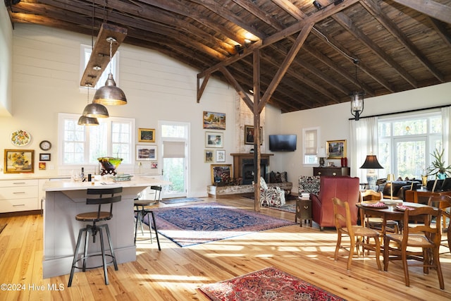 interior space with plenty of natural light, light wood-type flooring, a fireplace, and high vaulted ceiling