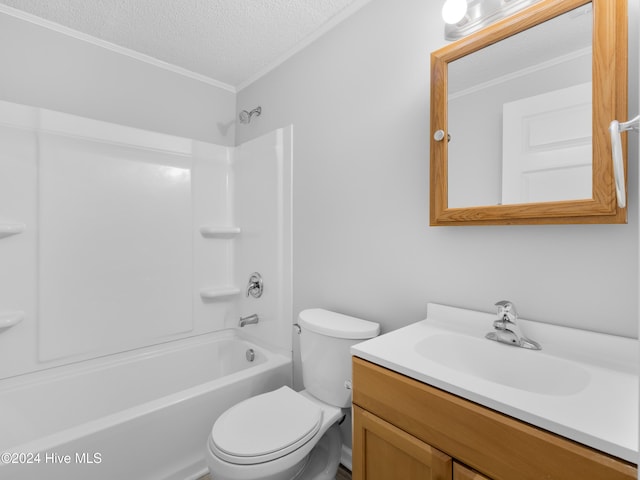 full bathroom with vanity, a textured ceiling, bathing tub / shower combination, and toilet