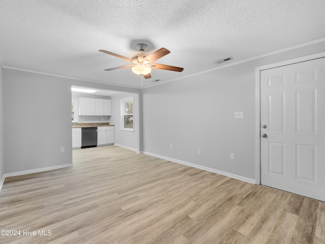 unfurnished living room with a textured ceiling, light hardwood / wood-style flooring, ceiling fan, and crown molding