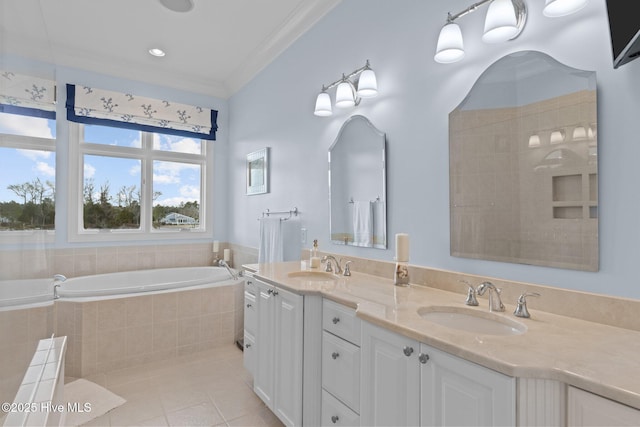 bathroom with tile patterned floors, vanity, ornamental molding, and plus walk in shower