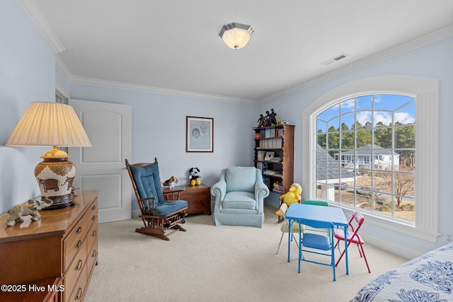 living area with light carpet and ornamental molding