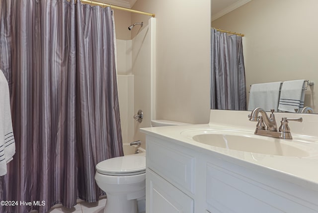 full bathroom featuring tile patterned floors, ornamental molding, vanity, shower / bathtub combination with curtain, and toilet