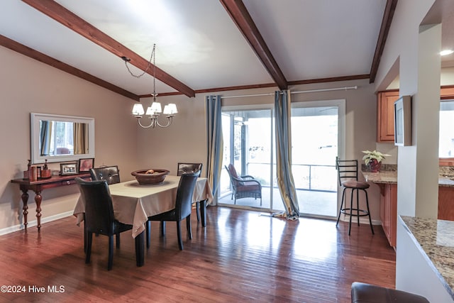 dining space with vaulted ceiling with beams, a healthy amount of sunlight, dark wood-type flooring, and an inviting chandelier