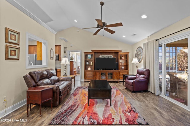 living room featuring hardwood / wood-style floors, ceiling fan, and lofted ceiling