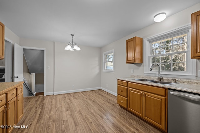 kitchen featuring plenty of natural light, a chandelier, pendant lighting, stainless steel dishwasher, and sink