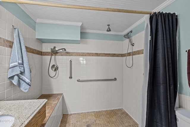 bathroom featuring vanity, a shower with curtain, tile patterned floors, and ornamental molding